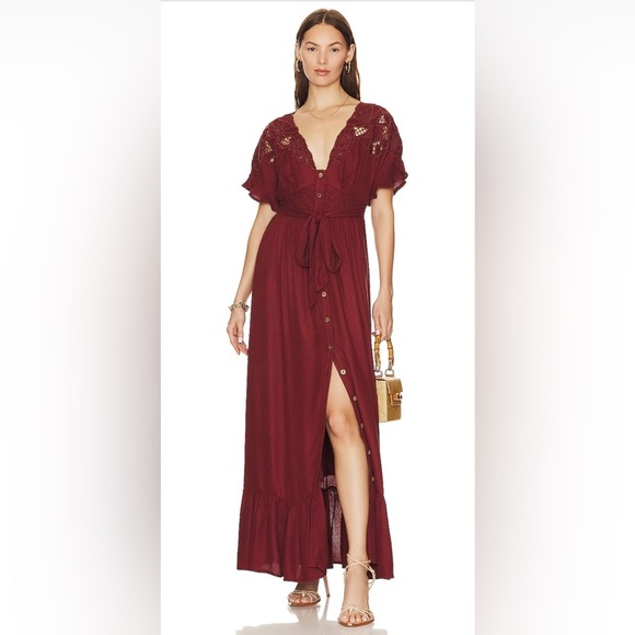 Free People Womens Embroidered Button Down Maxi Dress Cinnamon Brown NWT Small - Picture 1 of 11